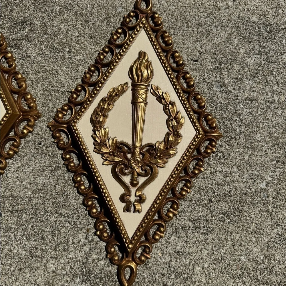 Vtg HOMCO Roman Gold Diamond Shaped Wall Plaques Ornate MCM Set Of 4